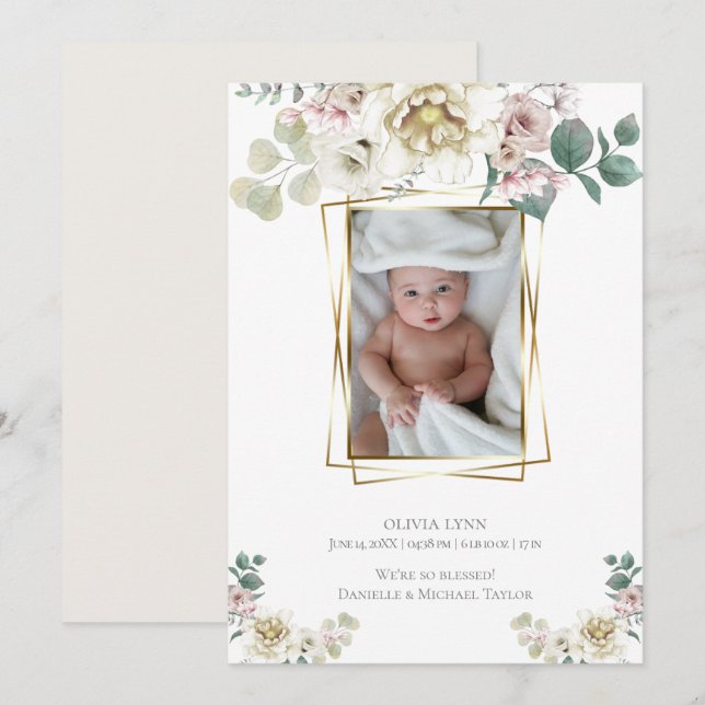 Baby |  Add Photo Alabaster Peonies Gold Frame Invitation (Front/Back)