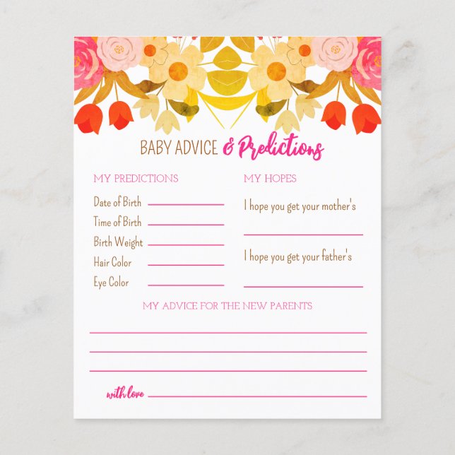 Baby Advice and Prediction Game Paper Sheet (Back)