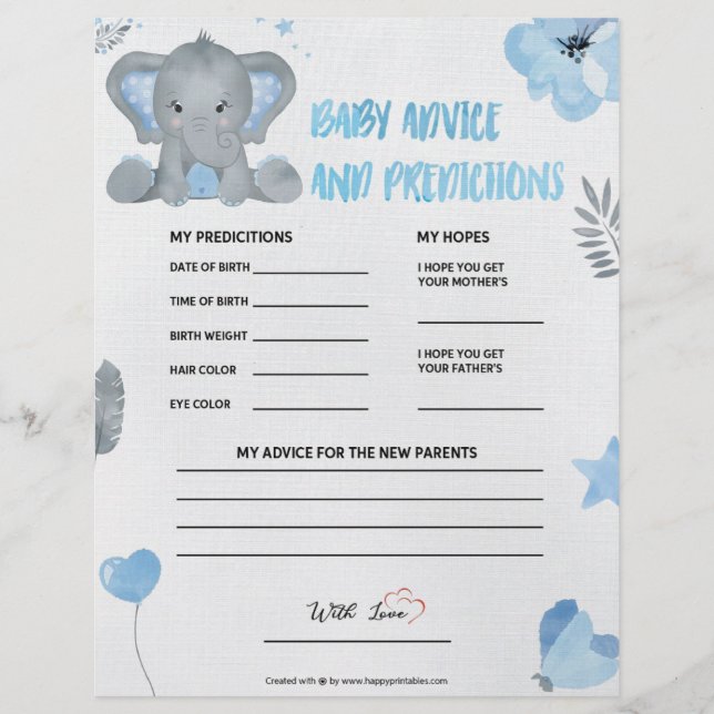 Baby Advice & Predictions [Baby Elephant [Blue] Custom Letterhead (Front)