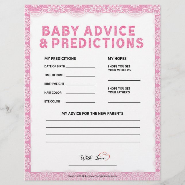 Baby Advice & Predictions [Luxury Lace [Pink]] Custom Letterhead (Front)