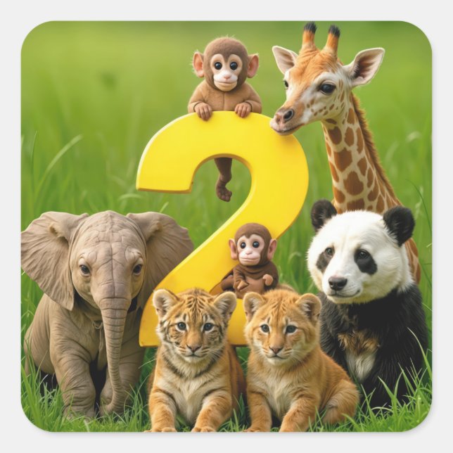 Baby African Animals With a Big Number Two Square Sticker (Front)