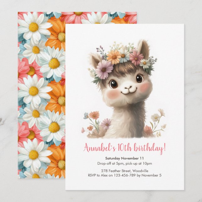 Baby Alpaca Girls Birthday Invitation (Front/Back)