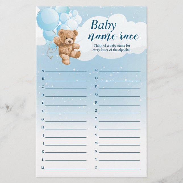 Baby Alphabet Name Race Blue Bear Baby Shower Game Flyer (Front)