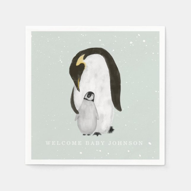 Baby and Mama Penguin Blue Winter Boy Baby Shower Napkin (Front)