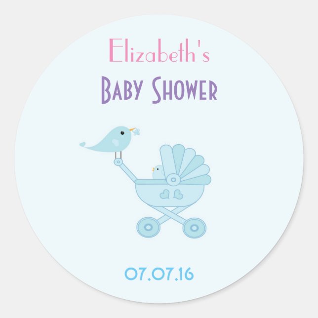 Baby and Mummy Bluebirds baby Shower Favour Classic Round Sticker (Front)