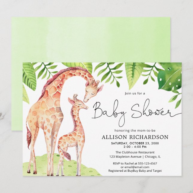 Baby and mummy giraffe safari greenery baby shower invitation (Front/Back)