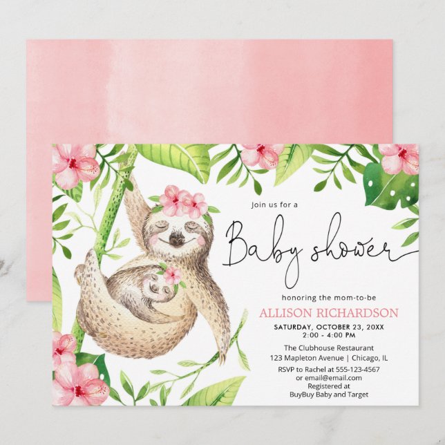 Baby and mummy sloth pink green girl baby shower invitation (Front/Back)
