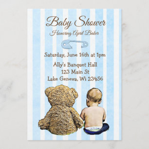 Baby and Teddy Bear Boys Baby Shower Invitation