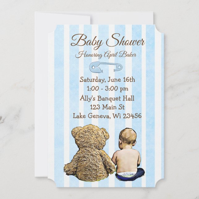Baby and Teddy Bear Boys Baby Shower Invitation (Front)