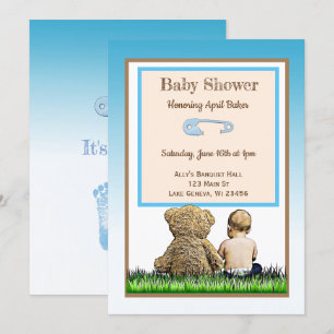 Baby and Teddy Bear Boys Baby Shower Invitation