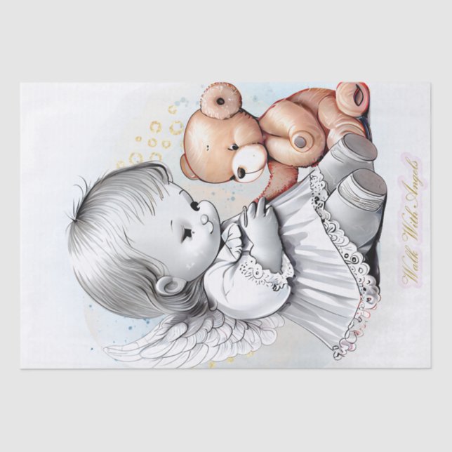 Baby Angel and Teddy Bear Watercolor Tissue Paper (Front)