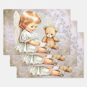 Baby Angel and Teddy Bear Watercolor Wrapping Paper Sheet