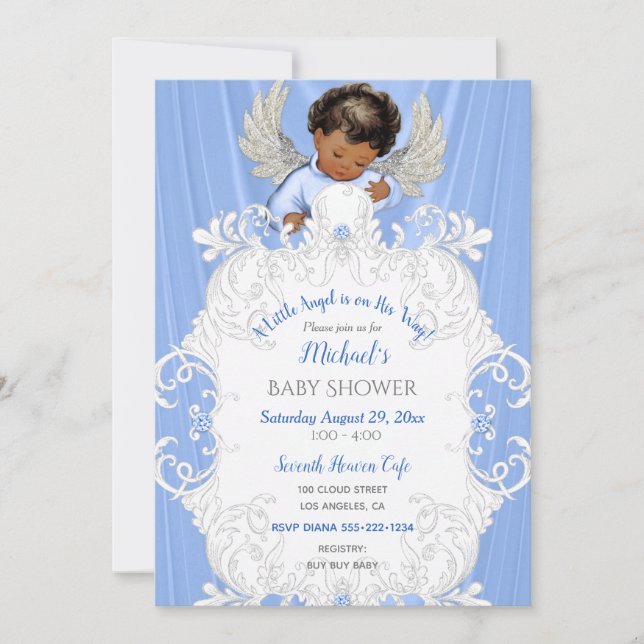 Baby Angel Blue Silver Dark Skin Tone Invitation (Front)