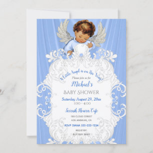 Baby Angel Blue Silver Medium Skin Tone Invitation