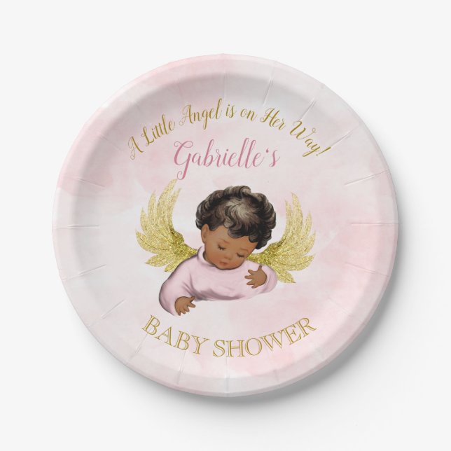 Baby Angel Girl Pink Gold African American Paper Plate (Front)