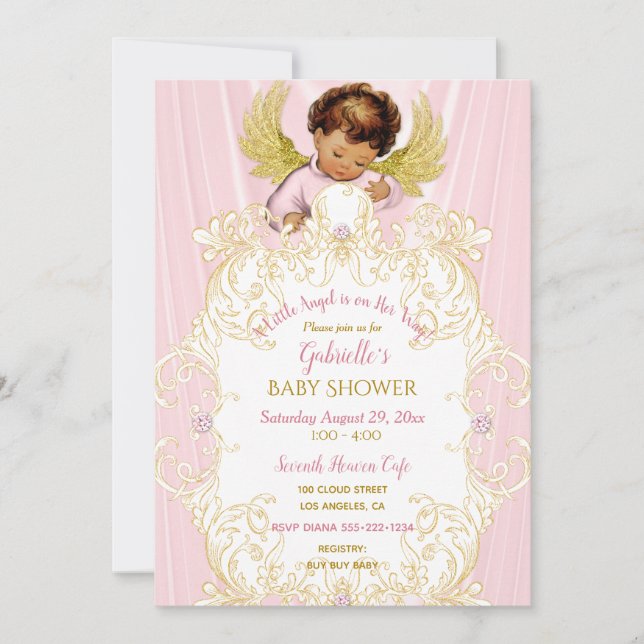Baby Angel Pink Gold Girl Ethnic Invitation (Front)