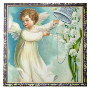 Baby Angel With Blue Bell Ceramic Tile