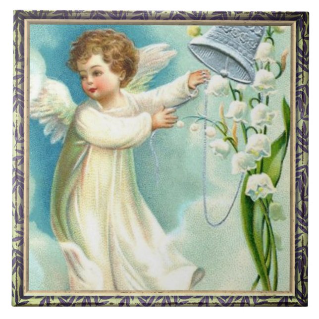 Baby Angel With Blue Bell Ceramic Tile (Front)