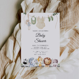 Baby Animal Baby Shower   Hanging Baby Clothing  Invitation