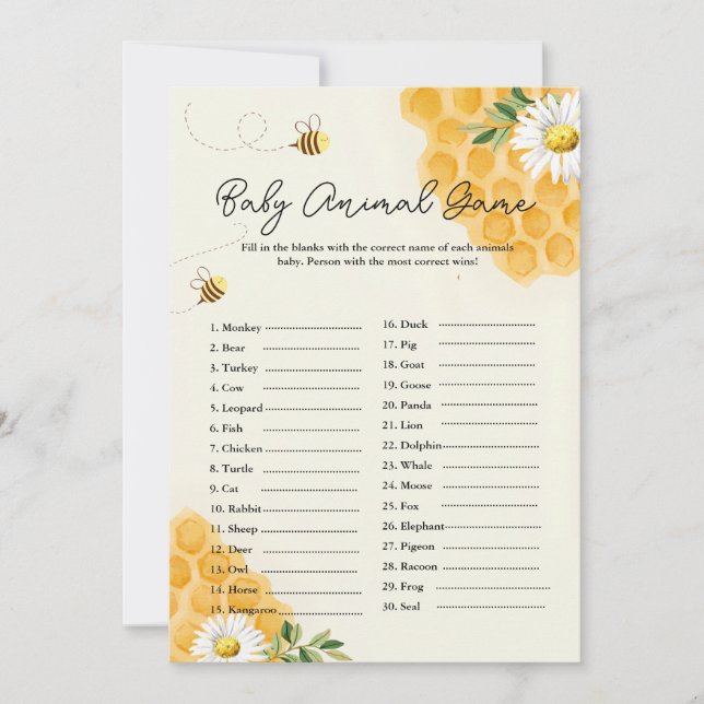 Baby Animal BEE Baby Shower Game Card (Front)