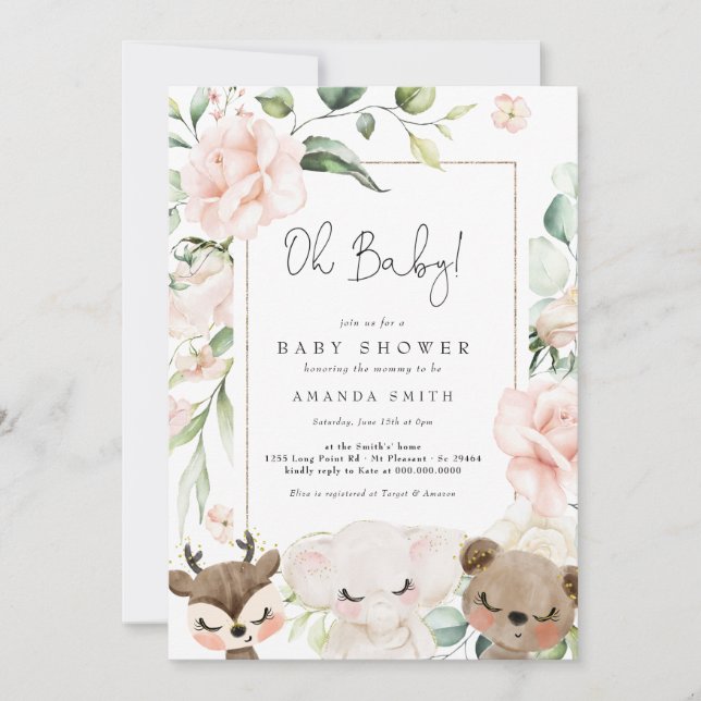 Baby Animal Blush Flowers Baby Girl Pink Shower In Invitation (Front)