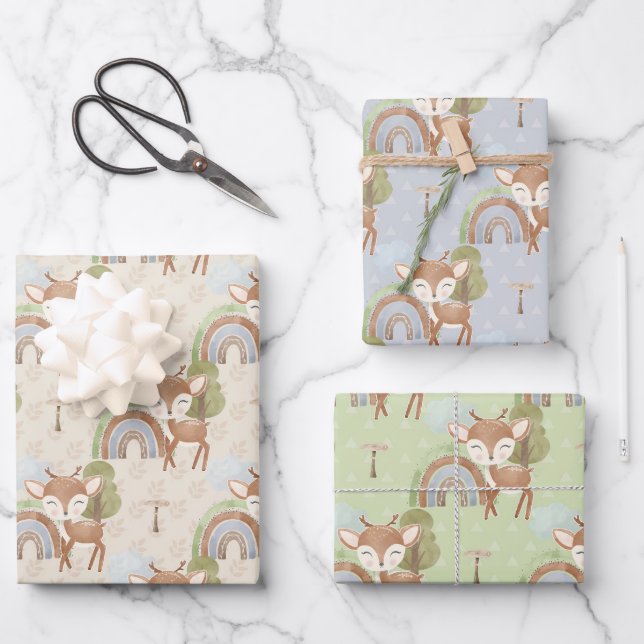 Baby Animal Deer Blue Green Tan Wrapping Paper Sheet (Front)
