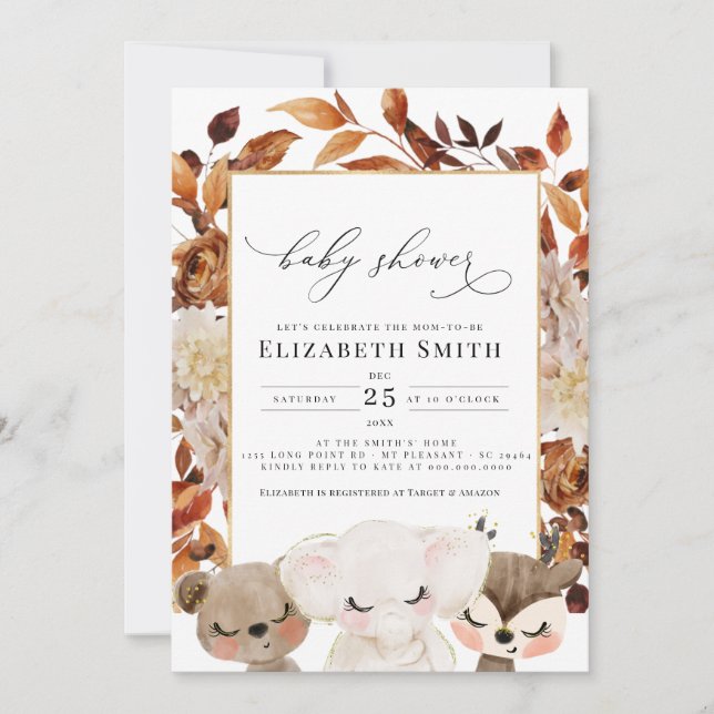Baby Animal Fall Animals Floral Baby Shower  Invitation (Front)