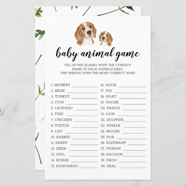 Baby Animal Game Beagle Watercolor Theme (Front/Back)