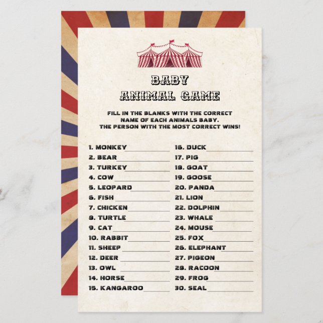 Baby Animal Game Circus Carnival Retro Baby Shower (Front/Back)