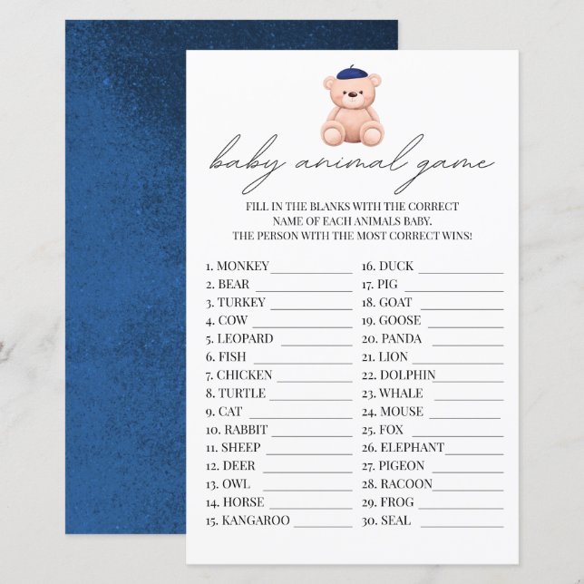 Baby Animal Game French Bonjour Bebe Watercolor (Front/Back)