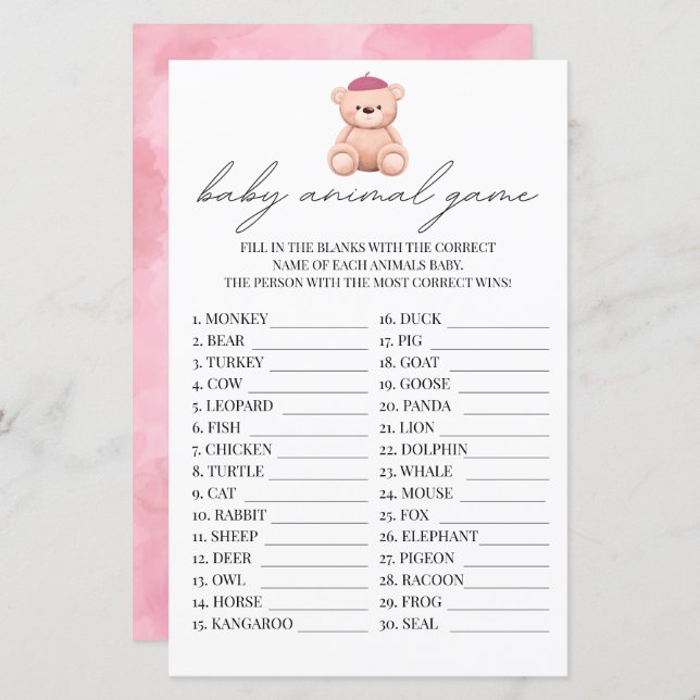 Baby Animal Game French Bonjour Bebe Watercolor (Front/Back)