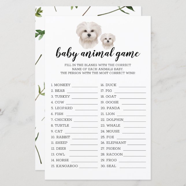 Baby Animal Game White Maltese Dog Watercolor (Front/Back)