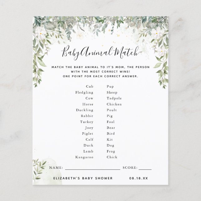 Baby Animal Match | Baby Shower Game (Front)