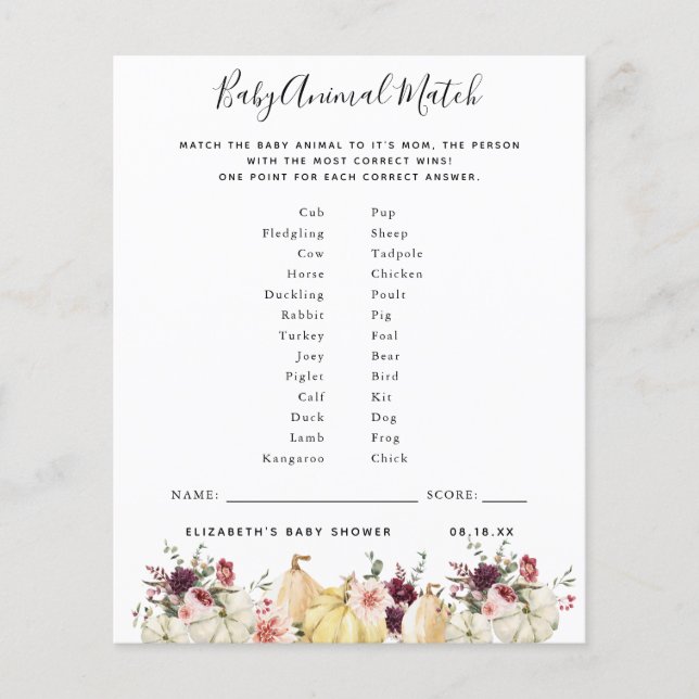 Baby Animal Match | Baby Shower Game (Front)