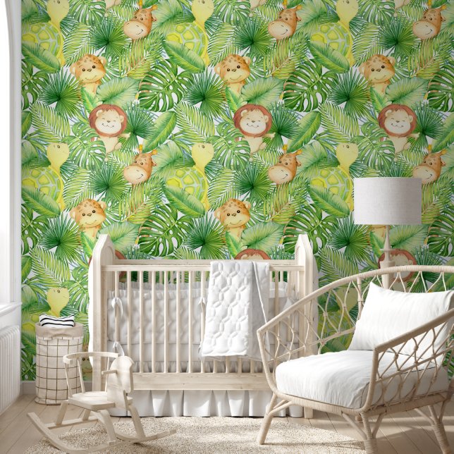  Baby Animal Tropical Leaves Nursery Peel & Stick Wallpaper (Kids)