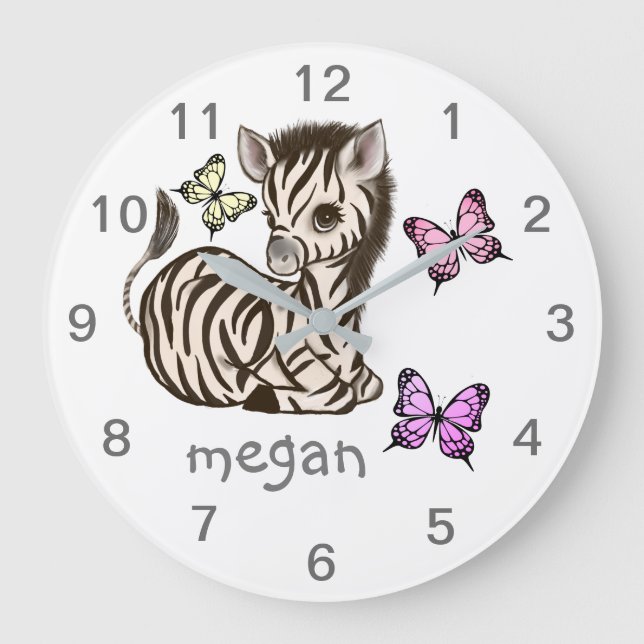 Baby Animal Zebra Butterfly Nursery Wall Clock (Front)