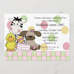 Baby Animals 1st Birthday Girl Invitation