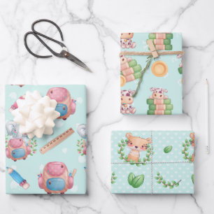 Baby Animals Blue for Boy Wrapping Paper Sheet
