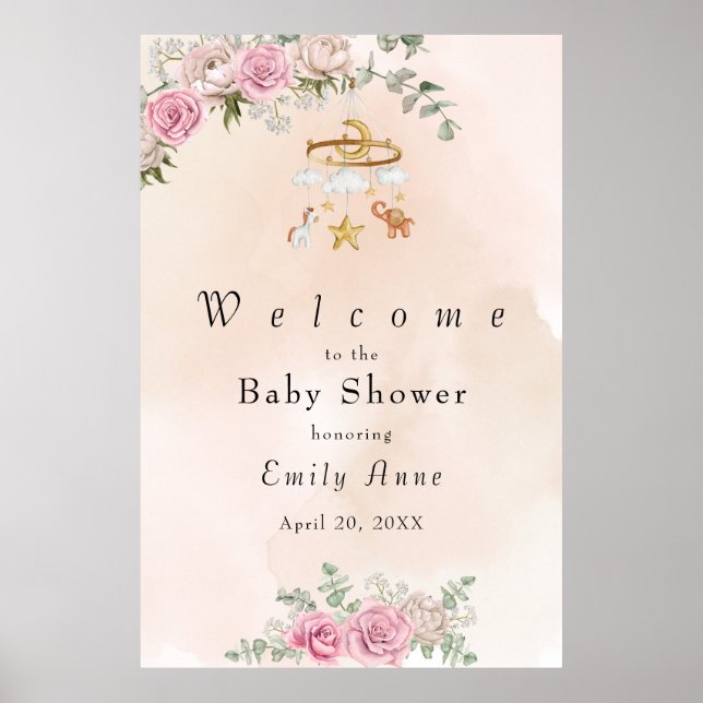 Baby Animals Carousel Peach Baby Shower Poster (Front)