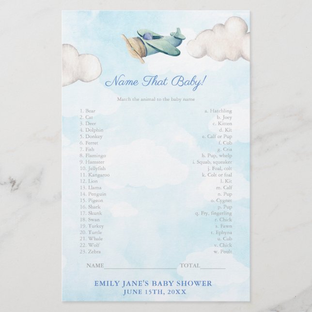 Baby Animals Game Card Toy Airplane Baby Shower (Front)