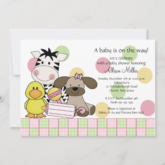 Baby Animals Girl Baby Shower Invitation (Front)