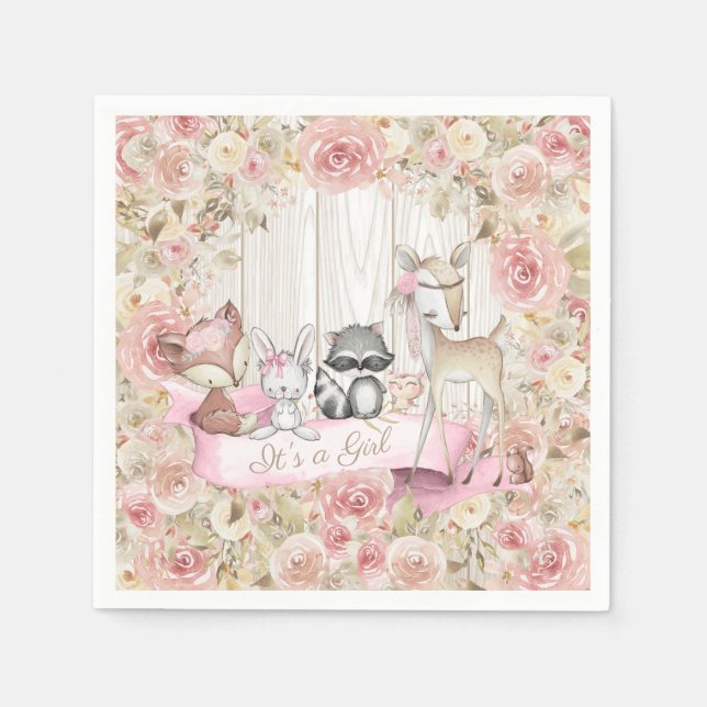 Baby Animals Girl Woodland Baby Shower Napkin (Front)