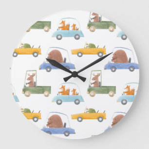 Baby animals: hand-drawn watercolor pattern. large clock