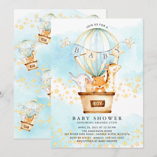 Baby Animals Hot Air Balloon Baby Boy Shower Invitation (Front/Back)