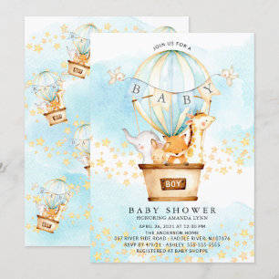 Baby Animals Hot Air Balloon Baby Boy Shower Invitation