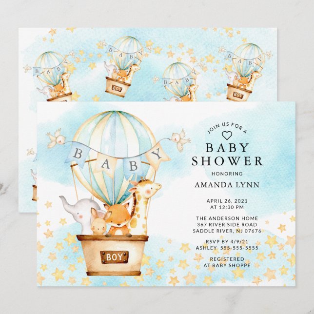 Baby Animals Hot Air Balloon Baby Boy Shower Invitation (Front/Back)
