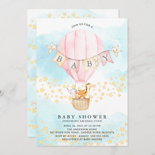 Baby Animals Hot Air Balloon Baby Boy Shower Invitation (Front/Back)