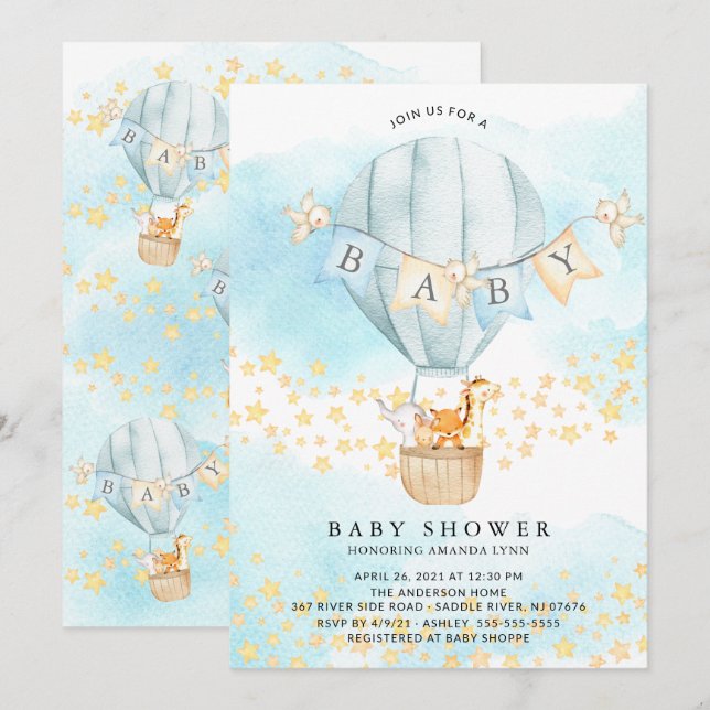 Baby Animals Hot Air Balloon Baby Boy Shower Invitation (Front/Back)