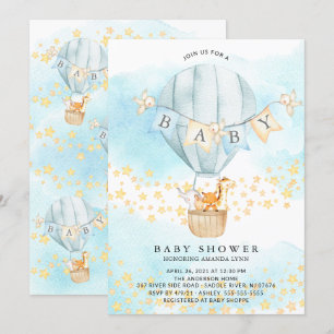 Baby Animals Hot Air Balloon Baby Boy Shower Invitation
