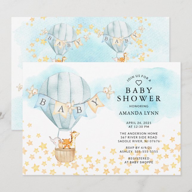 Baby Animals Hot Air Balloon Baby Boys Shower Invitation (Front/Back)